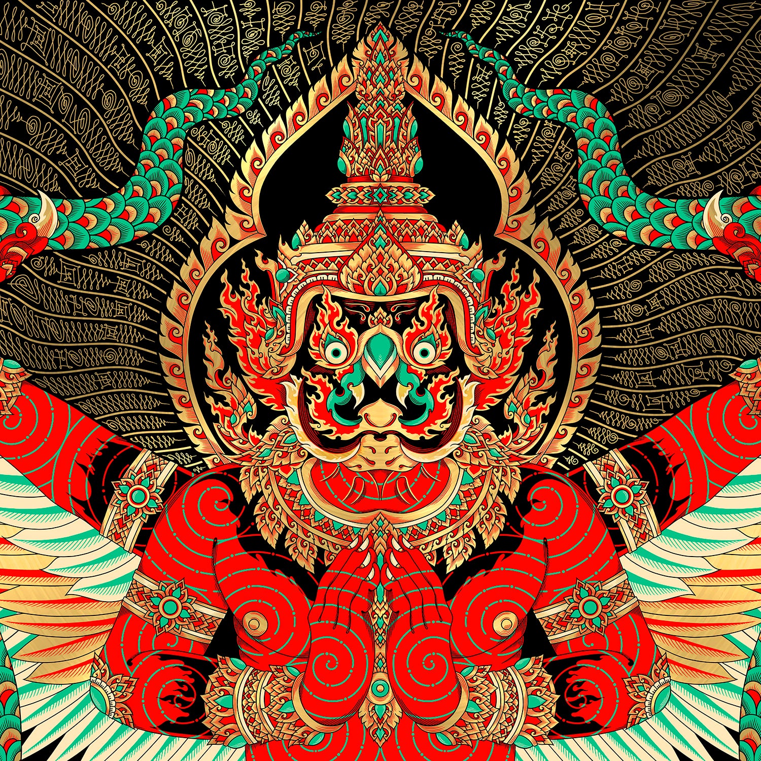 'Garuda' Gold Foil - Neon, Hand Embellished Screen-print