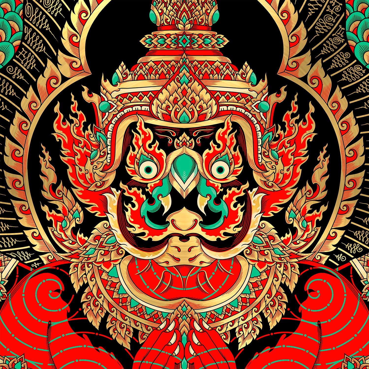 'Garuda' Gold Foil - Neon, Hand Embellished Screen-print