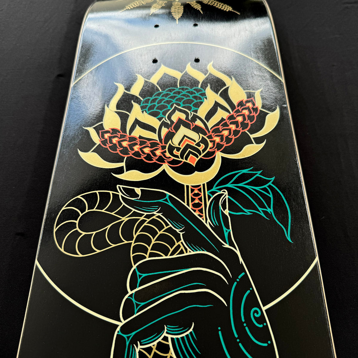 Hand Embellished Skate Deck: Golden Lotus